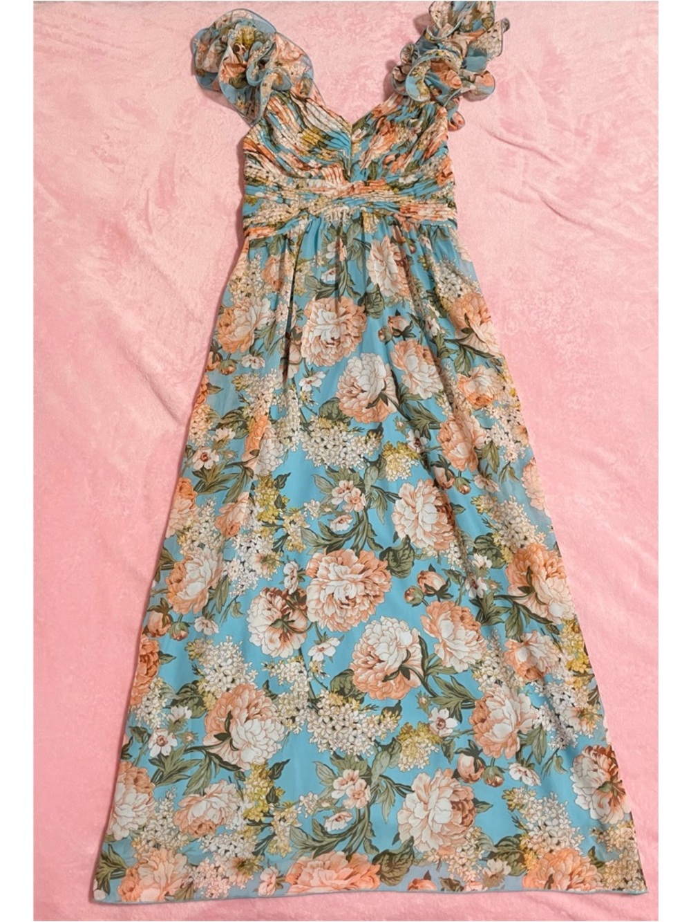 Women’s Floral Chiffon Ruffle Sleeves Long Maxi Dress Size Small